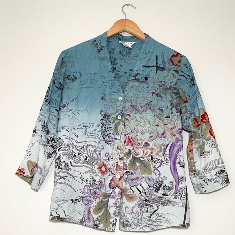 Citron Floral Silk Button Down Top